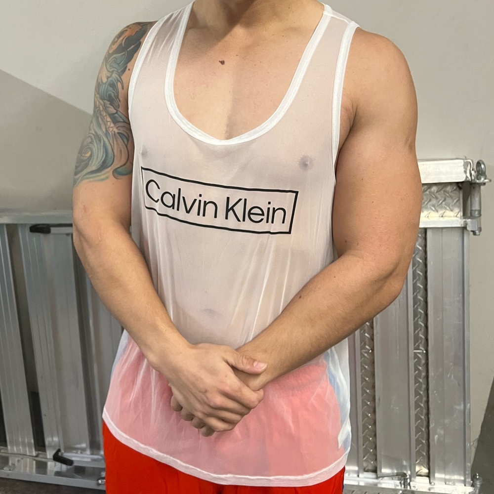 CALVIN KLEIN MEN SHEER SEE THROUGH TANK TOP SHIRT FISH NET REIMAGINED HERITAGE S